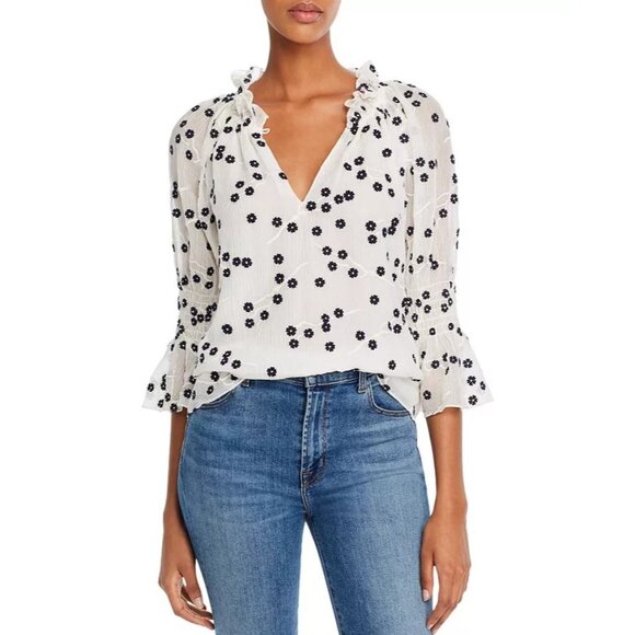 Rebecca Taylor Tops - Rebecca Taylor Alessandra Silk Embroidered Floral Ruffle Blouse Bell Sleeves  2